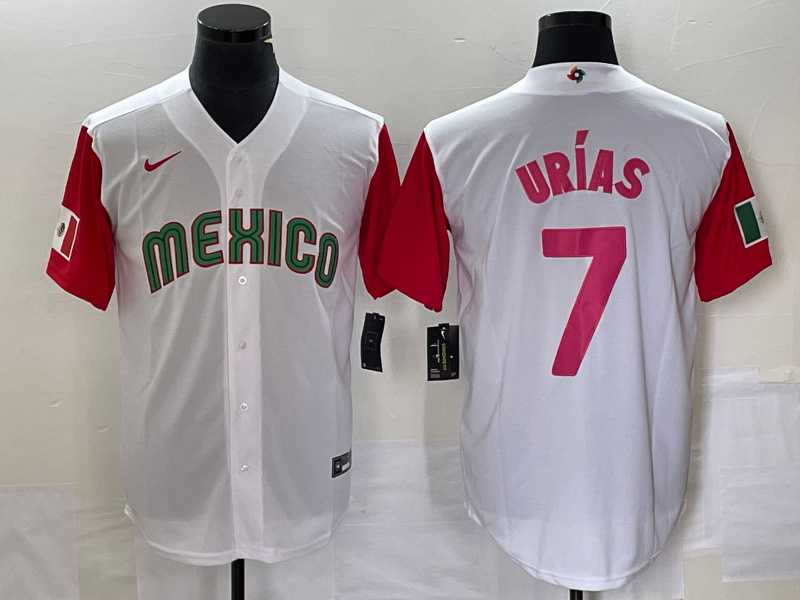 Men%27s Mexico Baseball #7 Julio Urias Number 2023 White Red World Classic Stitched Jersey 30